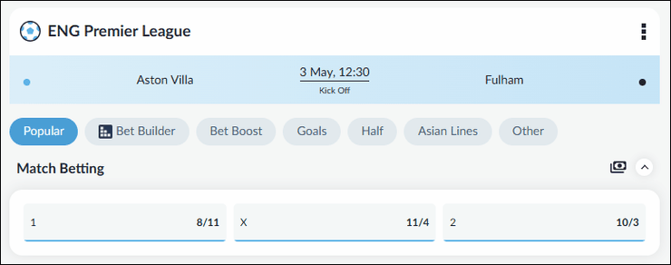 Aston Villa v Fulham Betting